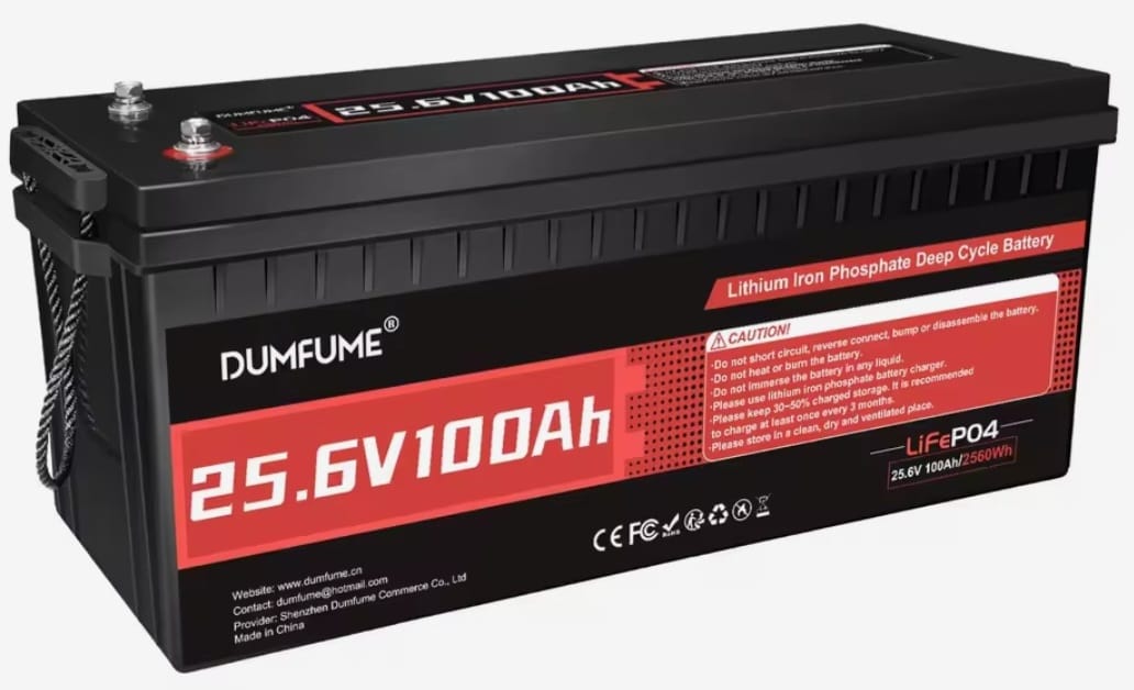 Batería Dumfume LiFePO4 25.6V 100Ah / 2560Wh — Ciclo Profundo