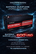 Batería Dumfume LiFePO4 25.6V 100Ah / 2560Wh — Ciclo Profundo